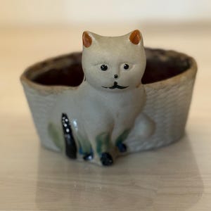 May include: A ceramic cat planter with a light gray finish. The cat is sitting upright with orange-tipped ears and a black mustache. The planter has a basket-like design with a dark brown interior.