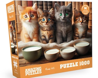 May include: A puzzle box featuring four kittens with different colored eyes, sitting in front of bowls of milk. The box is orange and has the words "AMAZING PUZZLES" and "PUZZLE 1000" printed on it. A poster is included.