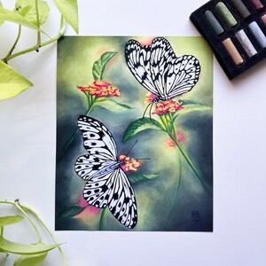 Könnte beinhalten: Zwei schwarz-weiße Schmetterlinge mit blauen Akzenten sitzen auf rosa und gelben Blüten mit grünen Blättern vor einem grün-gelben Aquarellhintergrund.