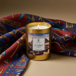 Op de afbeelding: Een brandende gouden kaars met een label met de tekst "Cairo" en een foto van de piramides. De kaars staat op een patroon van rode, blauwe en gouden stof. De kaars is gelabeld "Premium Candle".
