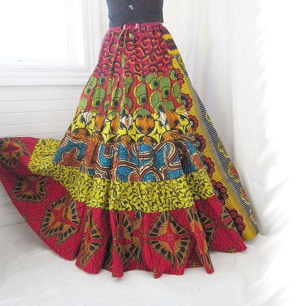 Red Marigold Trail - Patchwork African Gypsy Bustle Skirt, Best fit Sizes - S, M, L