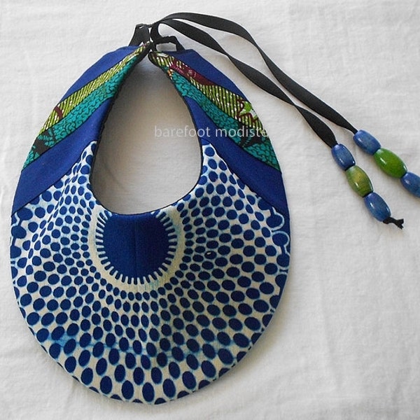 Striking African Bib necklace, One of a Kind Deep Blue Patchwork Collar, Handmade fabric neckwear,  Unique statement piece