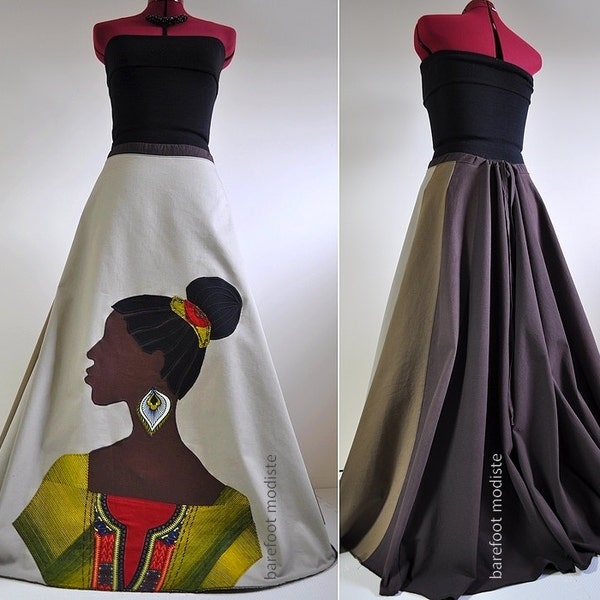 La Nubienne - Long Handmade Appliqued skirt, One of a Kind Bohemian skirt, African Woman applique,  Unique Art to Wear, Suited for M to XL