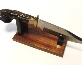 Large Fixed Blade Knife Display Stand, Solid Walnut Base, Gloss Brown Uprights.