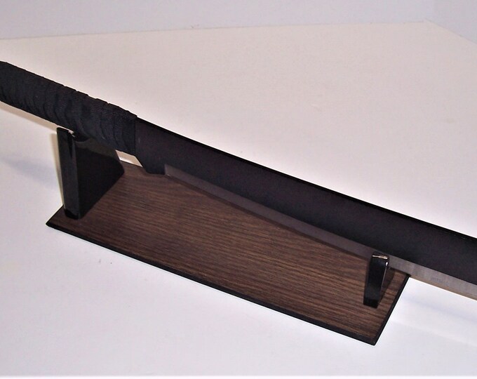 Machete Display Stand Satin Dark Oak Melamine Base, Gloss Black