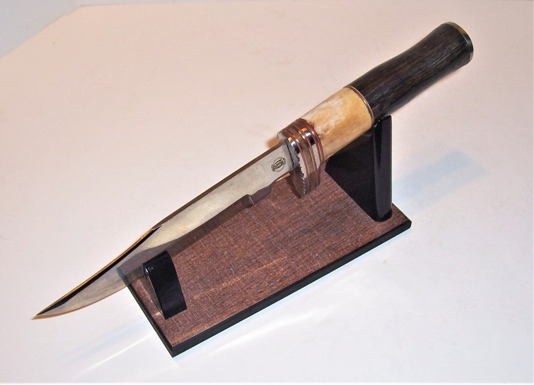 Large Fixed Blade Knife Display Stand Dark Rough Sawn Mahogany Melamine Woodgrain Base / Gloss