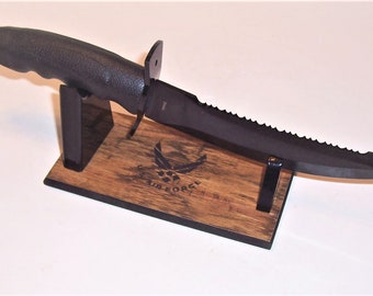 Large Fixed Blade Display Stand - Cross-Cut Pecan Melamine Base with Laser Engraved USAF Logo, Gloss Black Uprights.