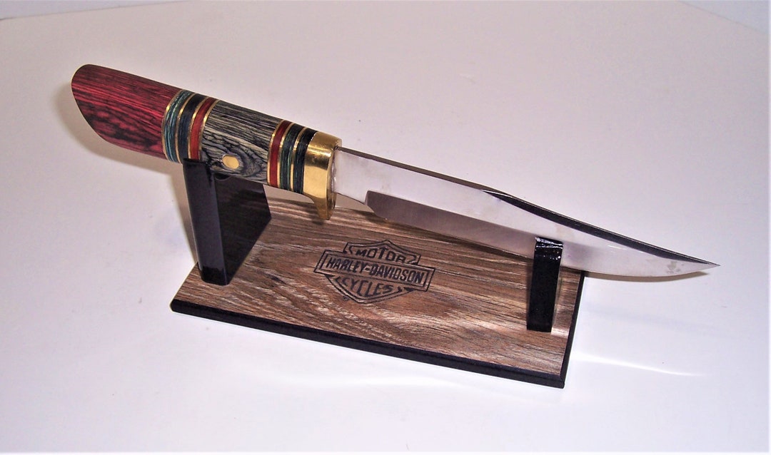 Large Fixed Blade Knife Display Stand Weathered Barnwood Melamine Base With Laser Engraved