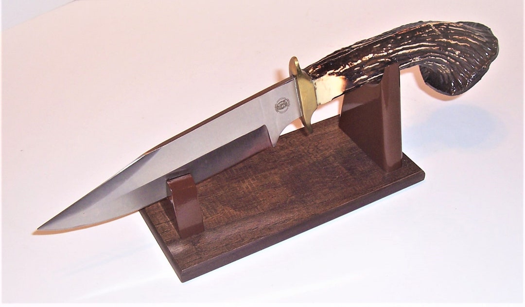 Large Fixed Blade Knife Display Stand Dark Brown Crosscut Barn Wood Melamine Woodgrain Base