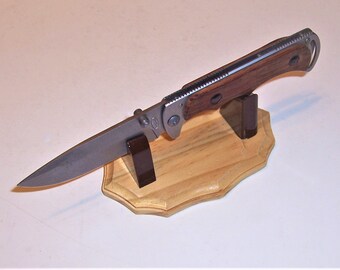 Pocket Knife/ Small Fixed Blade Display Stand. Gloss Basswood Base - Gloss Brown Uprights