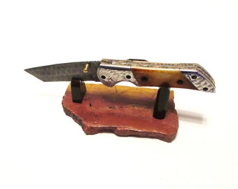 Pocket Knife / Small Fixed Blade Knife Display Stand - Multi-Shade Light Brown Stone Base / Gloss Brown Uprights