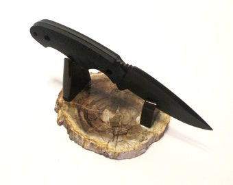Medium/Large Fixed Blade Knife Display Stand - Multi-Shade Petrified Wood Stone Base / Gloss Brown Uprights