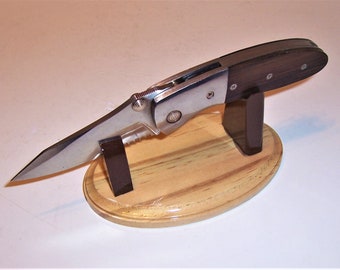 Pocket Knife/ Small Fixed Blade Display Stand. Gloss Basswood Base - Gloss Brown Uprights