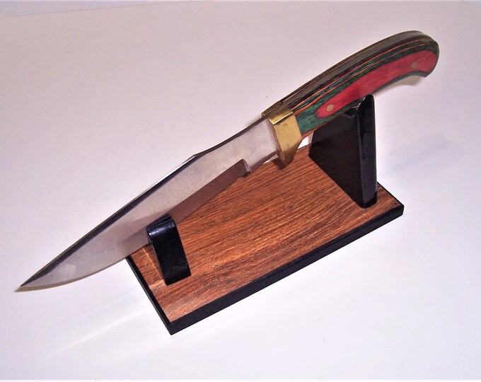 Large Fixed Blade Knife Display Stand Satin Red Oak Melamine Woodgrain Base / Gloss Black