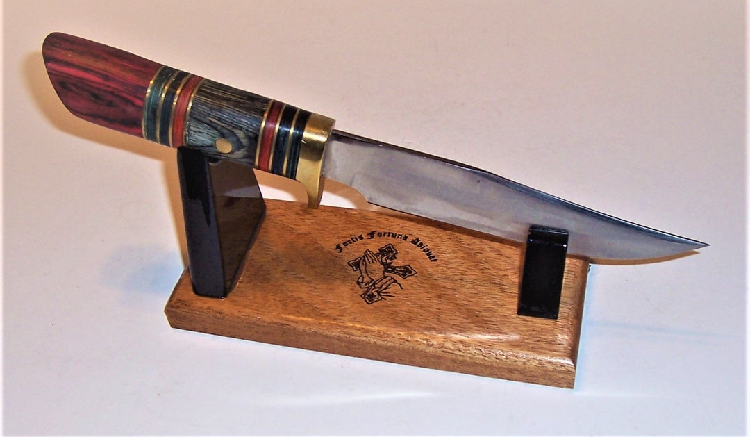 Large Fixed Blade Knife Display Stand Solid Clear Mahogany Base. Laser