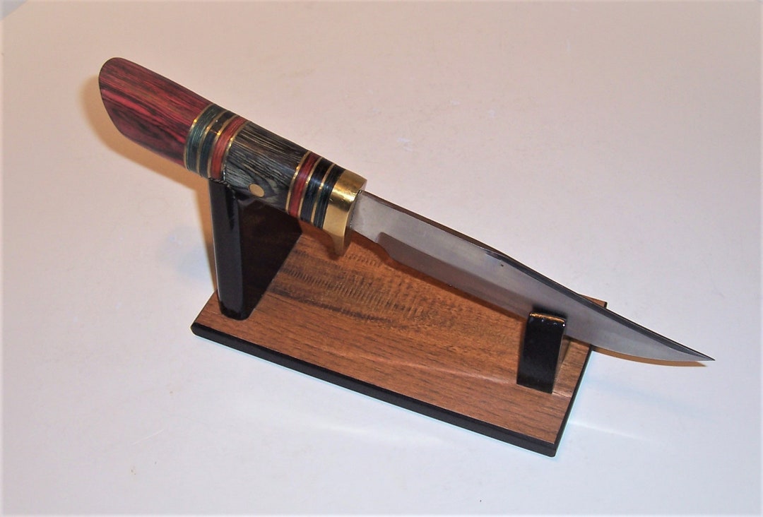 Large Fixed Blade Knife Display Stand Planked Red Oak Melamine Woodgrain Base / Gloss Black