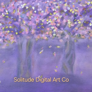 May include: An oil painting on canvas depicting two trees with purple, pink, and yellow blossoms against a solid purple background. Petals are scattered in the air. The text Solitude Digital Art Co is printed in light orange at the bottom center.