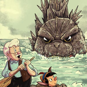 May include: A cartoon illustration of a man and a puppet in a boat with a large, gray, reptilian monster emerging from the water behind them.