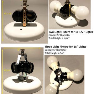 May include: A collection of light fixtures with white canopies and black sockets. The two-light fixture has a total height of 4 1/16 inches, and the three-light fixture has a total height of 4 3/4 inches. The canopy diameter is 5 inches.