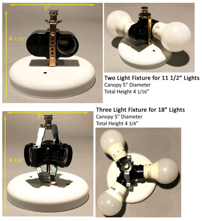 May include: A collection of light fixtures with white canopies and black sockets. The two-light fixture has a total height of 4 1/16 inches, and the three-light fixture has a total height of 4 3/4 inches. The canopy diameter is 5 inches.