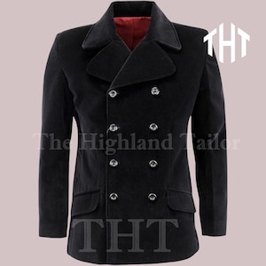 May include: A black double-breasted coat with silver buttons and a red interior lining. The coat has a notched collar and two front pockets. The text "The Highland Tailor" and "THT" are visible on the coat.