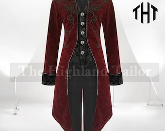 Handmade Maroon Velvet Gothic Tailcoat: Men's Steampunk Jacket