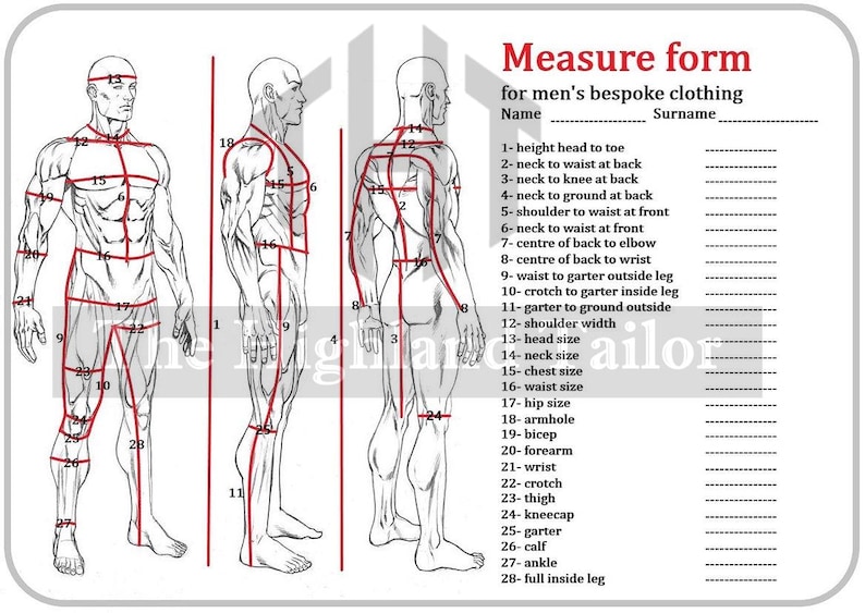 May include: Diagram illustrating body measurements for bespoke clothing. The image shows three figures with red lines indicating measurement points. Text lists measurement names like "height head to toe" and "chest size".