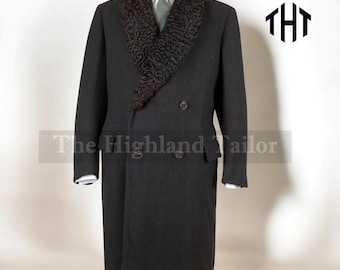 Vintage 1940s Black Wool Overcoat – Persian Lamb Shawl Collar, Double-Breasted