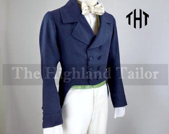 Men's Navy Wool Tailcoat: Regency Bridgerton Style Coat