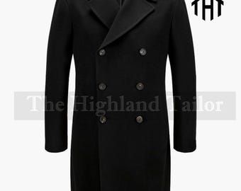 May include: A black double-breasted overcoat with a notched lapel and six buttons. The coat has long sleeves and a tailored fit. The text "The Highland Tailor" is printed at the bottom of the coat.