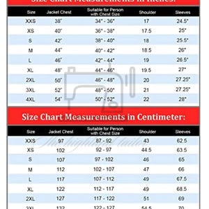 May include: Size chart for jackets, showing measurements in inches and centimeters. Includes jacket chest, shoulder, and sleeve measurements for sizes XXS to 4XL. The chart also indicates the suitable chest size for each jacket size.