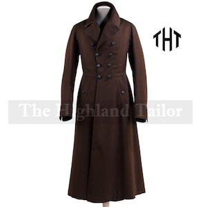 May include: A brown double-breasted coat with black buttons and a notched collar. The long coat has a tailored fit and features a double-breasted closure. The text "The Highland Tailor" is printed on the bottom of the coat.