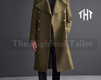 Men's Green Wool Overcoat: Military Style Double Breasted Winter Coat