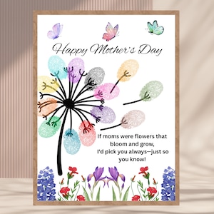 Manualidad de recuerdo para el Día de la Madre con huellas de manos y dedos / Regalo imprimible para mamá / Huella floral / Actividad para niños pequeños y preescolares
