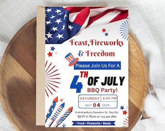 4th of July Invite, Independence Day Invitation, 4th July BBQ Invitation Template, Independence Day Barbeque Party Invite, Canva Editable