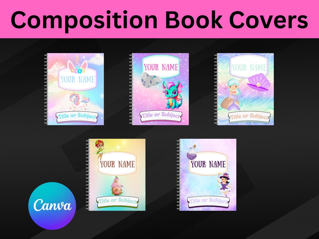 5 Editable Composition Book Covers for Girls, Canva Templates, Back to ...