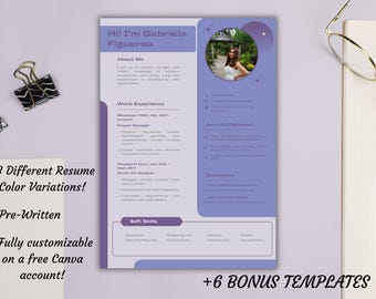 Peut inclure: Un modèle de CV lilas avec une photo, des coordonnées et des sections pour l'expérience professionnelle, l'éducation et les compétences. Le texte comprend "Hi! I'm Gabriela Figueroa" et "+6 BONUS TEMPLATES". Le CV est pré-écrit et entièrement personnalisable.