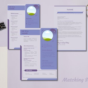 Peut inclure: Ensemble de mod&egrave;les de CV lavande et blancs au design moderne. Les mod&egrave;les comprennent des sections pour les r&eacute;f&eacute;rences, les coordonn&eacute;es et l'exp&eacute;rience professionnelle. La phrase "Matching Sets" est au bas de l'image.