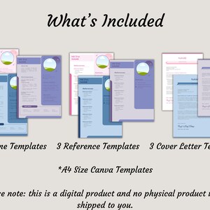 Peut inclure: Image pr&eacute;sentant des mod&egrave;les de CV num&eacute;riques en rose, bleu et violet. Le texte "What's Included" est en haut, suivi de "3 Resume Templates", "3 Reference Templates", et "3 Cover Letter Templates". Mod&egrave;les de format A4.