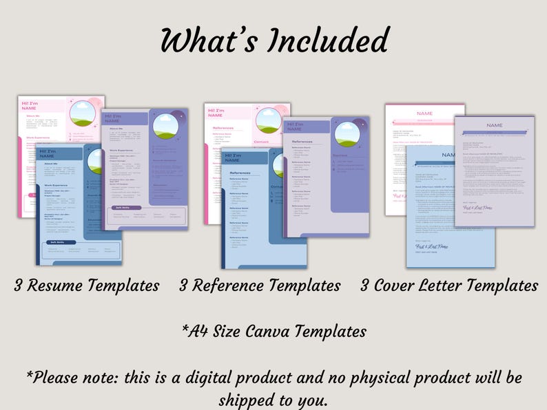 Peut inclure: Image pr&eacute;sentant des mod&egrave;les de CV num&eacute;riques en rose, bleu et violet. Le texte "What's Included" est en haut, suivi de "3 Resume Templates", "3 Reference Templates", et "3 Cover Letter Templates". Mod&egrave;les de format A4.
