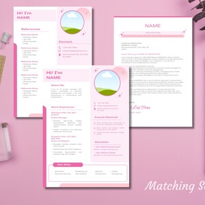 Peut inclure: Ensemble de mod&egrave;les de CV roses et blancs avec un espace r&eacute;serv&eacute; &agrave; une image circulaire. Les CV comprennent des sections pour les r&eacute;f&eacute;rences, les coordonn&eacute;es, l'exp&eacute;rience professionnelle et les comp&eacute;tences. Les mots "Hi! I'm NAME" et "Matching Sets" sont visibles.