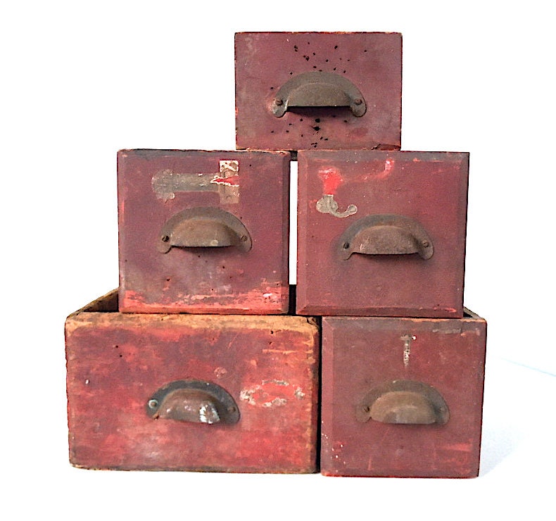 Antique Primitive Wood Drawers / Set of 5 / Distressed Rustic Wood ...