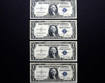 1935 D Silver Certificates / US Paper Money / US Currency / One Dollar Bill / Lot of 4 / Uncirculated Crisp  Pristine / Not Graded