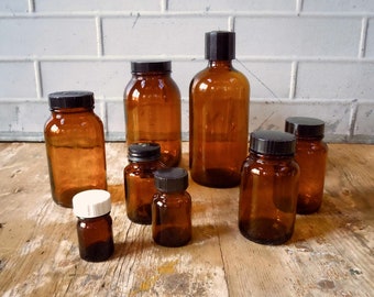 Vintage Glass Pharmacy Bottles Collection / Amber Brown / Instant Collection / Science Glass / Home Deco / Glass Vignette / Group of 8