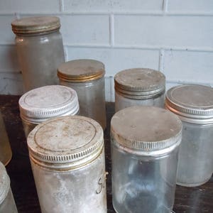 Vintage Glass Jars with Metal Screw Cap Lids / Set of 11 / AS FOUND Not Cleaned / Instant Collection / Photography Prop / Old Glass Jars image 5