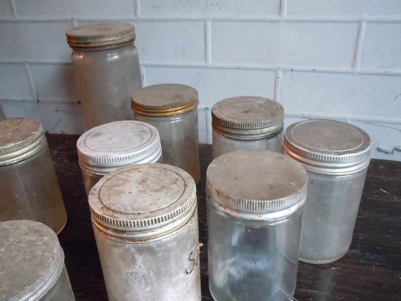 Vintage Glass Jars with Metal Screw Cap Lids / Set of 11 / AS FOUND Not Cleaned / Instant Collection / Photography Prop / Old Glass Jars image 5