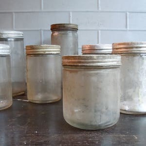 Vintage Glass Jars with Metal Screw Cap Lids / Set of 11 / AS FOUND Not Cleaned / Instant Collection / Photography Prop / Old Glass Jars image 4