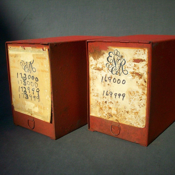 Reserved for Camille /Vintage Pharmacy Prescription Rx Steel File Boxes / 2 boxes / Red