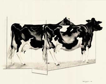 Cow Drawing / Black and White / Pair / Contemporary / Geometric / Offset Lithography limited edition print