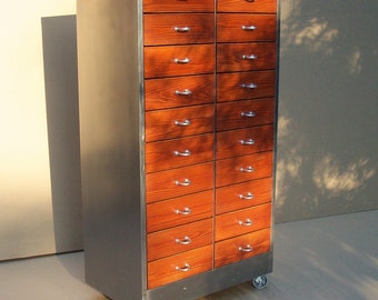 Vintage Industrial Metal & Wood Cabinet with 20 Drawers / Storage Organization / Repurposed Handmade / Custom / Red Orange Silver